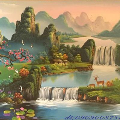 Tranh sơn thủy thác nước 80x150